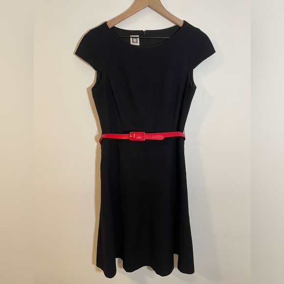 Anne Klein Dresses & Skirts - Anne Klein Black Fit & Flare Capped Sleeve Midi Dress Red Belt Women’s Size 8